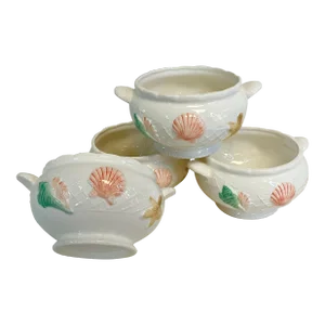 Vintage Coastal Chic Seashell Motif Ceramic Soup Bowls - Set of 4