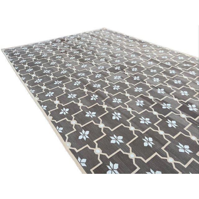 Textile Not Yet Made - Made To Order Handmade Cotton Natural Vegetable Dyed Rug Brown and Cream Flower Pattern Dhurrie - 6'x9' For Sale - Image 7 of 11