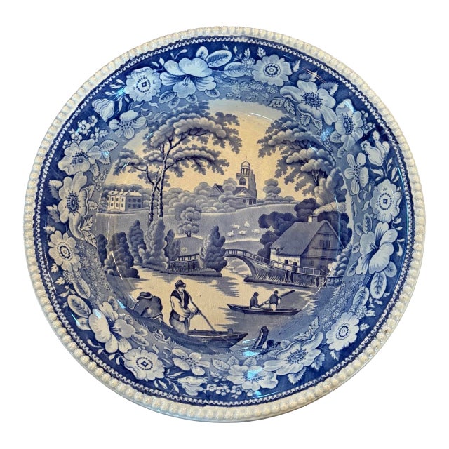 19th Century Blue & White English Transferware Large Bowl For Sale