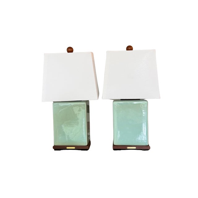 Pair of Lauren Ralph Lauren Celadon Crackle Glazed Porcelain Table Lamps | Coastal Modern Transitional Lighting | Seafoam...
