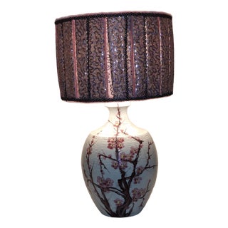 Vintage White Ceramic Table Lamp with Cherry Blossom Motif and Fabric Shade, 1970s For Sale