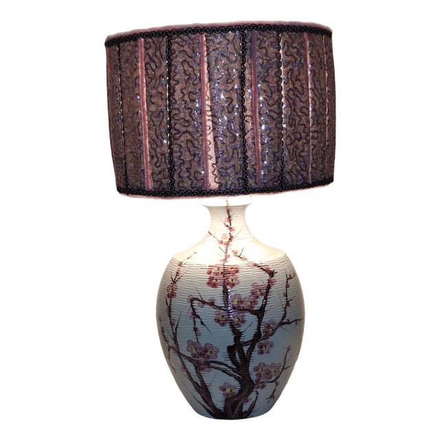 Vintage White Ceramic Table Lamp with Cherry Blossom Motif and Fabric Shade, 1970s For Sale