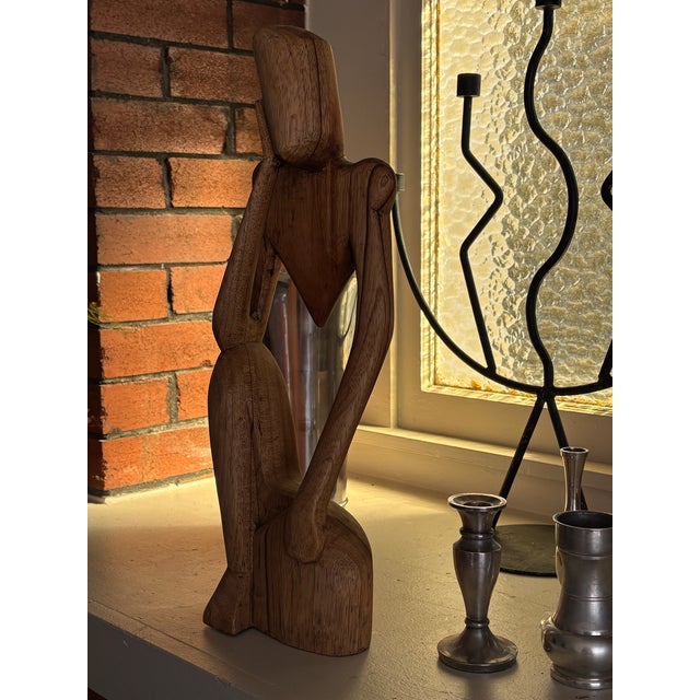 Brown Vintage Ghanaian Hand-Carved Wood Abstract Seated Figure Sculpture For Sale - Image 8 of 10