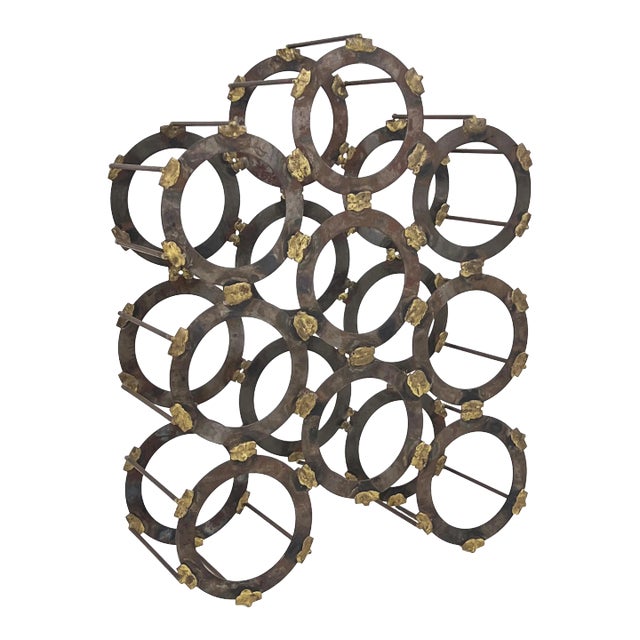 Vintage 1960s Handmade Brutalist Welded Geometric Circle 9-Bottle Wine Rack Holder For Sale
