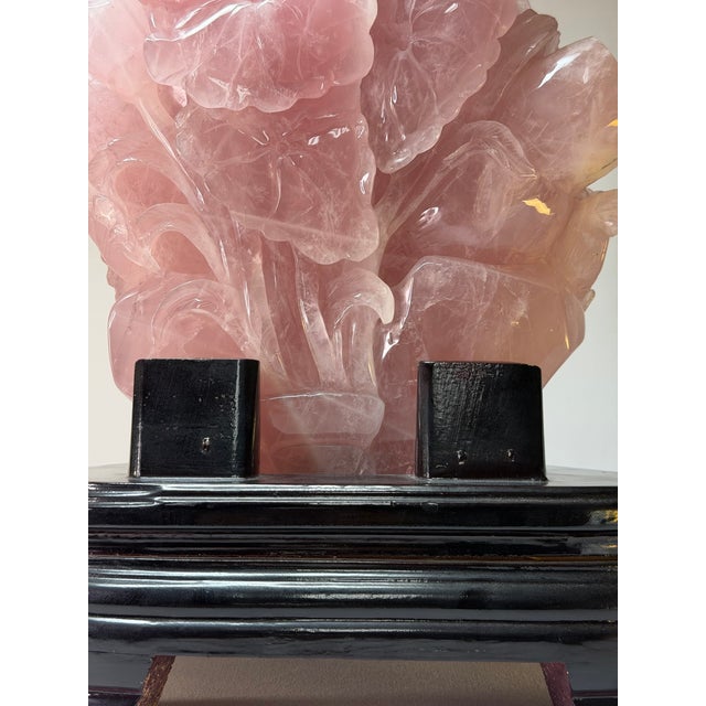 Vintage Chinese Carved Rose Quartz Koi Fish & Lotus Sculpture on Wood Stand For Sale - Image 4 of 11