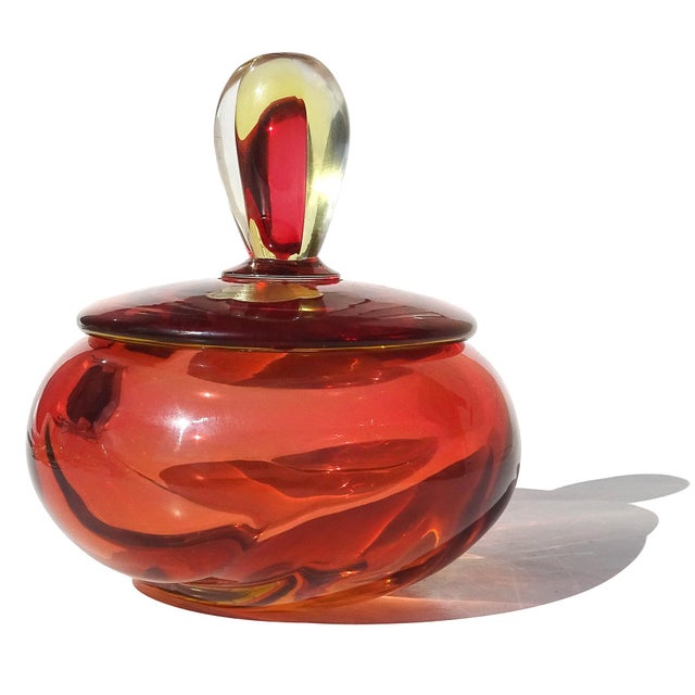 Beautiful vintage Murano hand blown Sommerso red orange, yellow and clear Italian art glass powder / jewelry box....