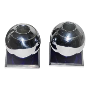 1950s Chase Brass Russel Wright Chrome Cobalt Blue Glass Candle Holders - a Pair