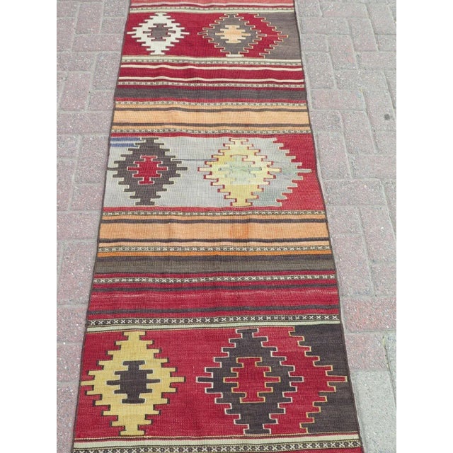 Abstract 1960s Vintage Turkish Handknotted Kilim Runner - 28"x137" For Sale - Image 3 of 12