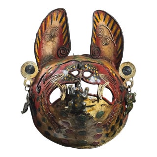 Vintage Mexican Folk Art Polychrome Metal Tigre Mask (C. 1940s) For Sale