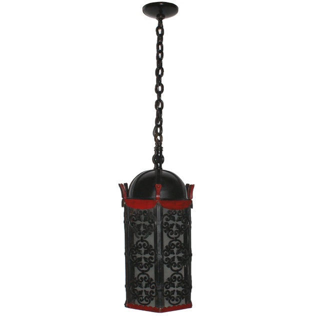 C. 1920 Spanish Gothic style cast iron hexagonal form pendant lantern having domed top and ornamental metalwork frame with...