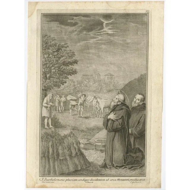 Antique print titled 'S. Bartholomaeus pluvian undique decidentem ab area Monasterii precibus arcet'. Scarce plate showing...