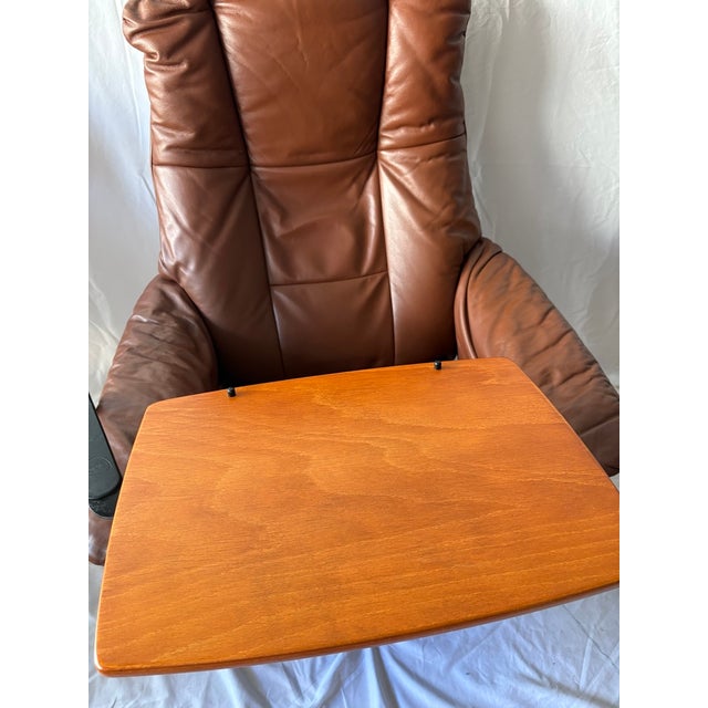 Vintage Ekornes Leather Stressless Recliner With Swing-Out Table For Sale - Image 9 of 17