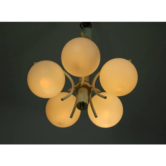 White Mid-Century 5 Arms Brass Chandelier by Emi For Sale - Image 8 of 13