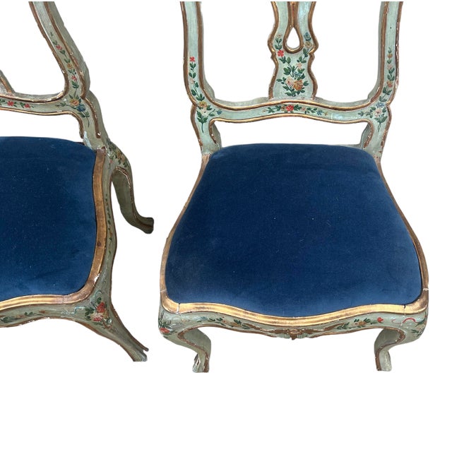 19th-C. Italian / Venetian Celadon Floral Painted Side Chairs in Blue Velvet- Pair For Sale - Image 4 of 10
