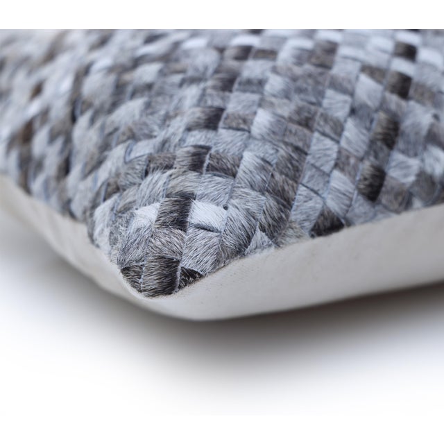 2020s Luxury Gray & White Woven Cowhide Leather Throw Pillow 16x24 | Handmade Designer Lumbar Cushion For Sale - Image 5 of 8