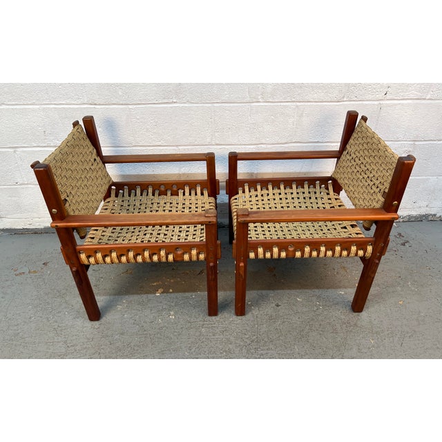 Pair of Mid-Century Teak Danish Woven Raffia Lounge Chairs For Sale In New York - Image 6 of 10
