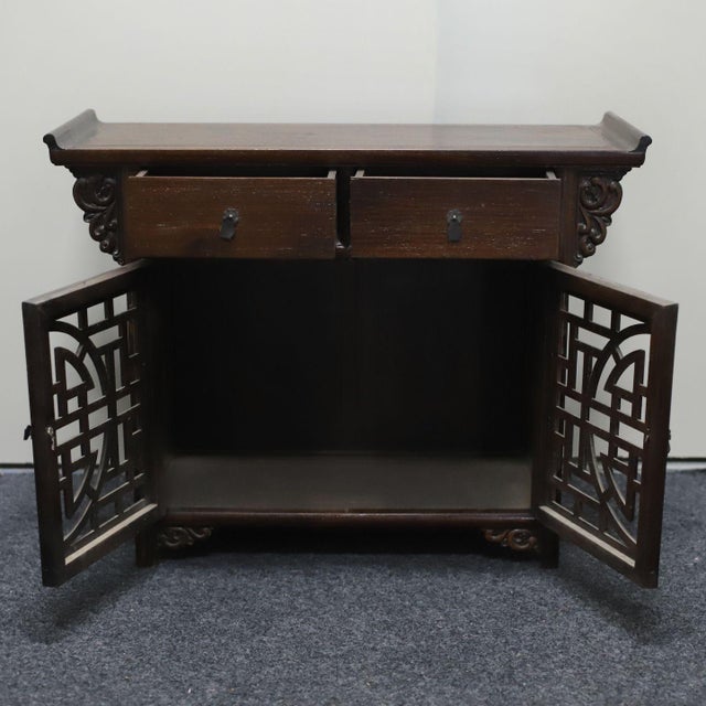 Mid 20th Century Vintage Chinese Hardwood Altar-Style Cabinet With Fretwork Doors & Drawers - 56.5cm For Sale - Image 5 of 10
