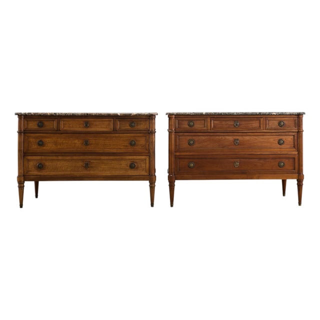 Pair of Louis XVI Style Marble Top Commodes Chest of Drawers For Sale