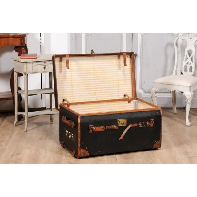English Victorian Period 19th Century Black Traveling Trunk With Initials J.G.F. For Sale - Image 9 of 12
