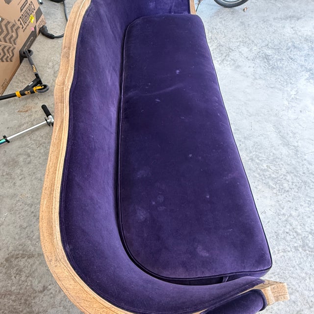 Silvia Sofa in Schumacher Velvet A regal sofa hand crafted of solid limed oak with fluted arms crowned with subtle...