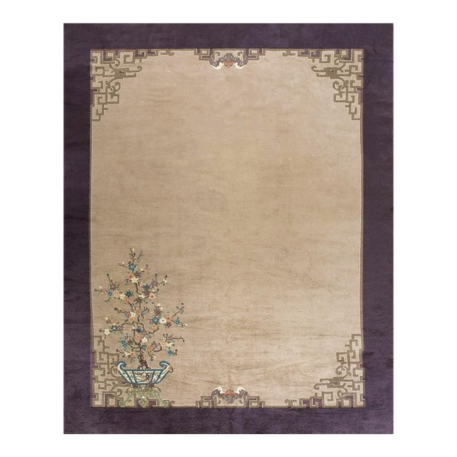 1920s Tan Sand Chinoiserie Antique Chinese Art Deco Carpet 9'3'' X 11'8' Rug For Sale