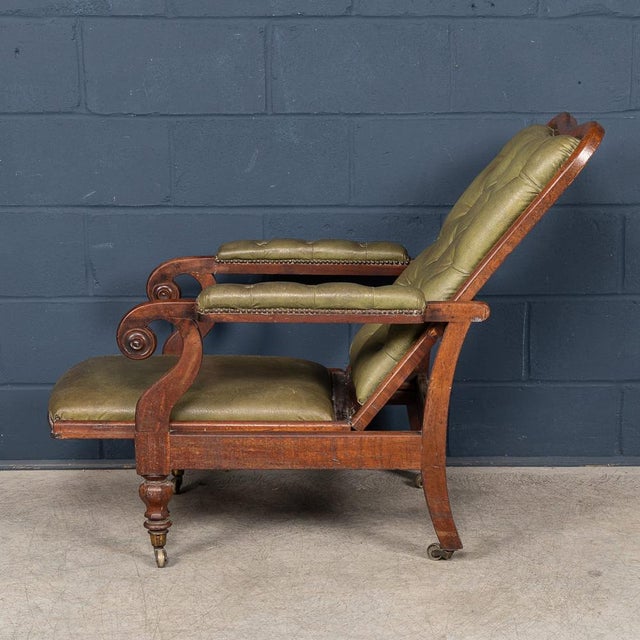 Animal Skin Antique English Mahogany Reclining Armchair with Green Leather Upholstery, 19th Century For Sale - Image 7 of 18