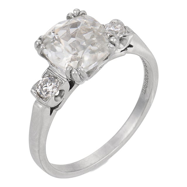 1930s Art Deco Gia 2.01 Carat Old Mine Cut Diamond Platinum Engagement Ring, Size 8.25 For Sale