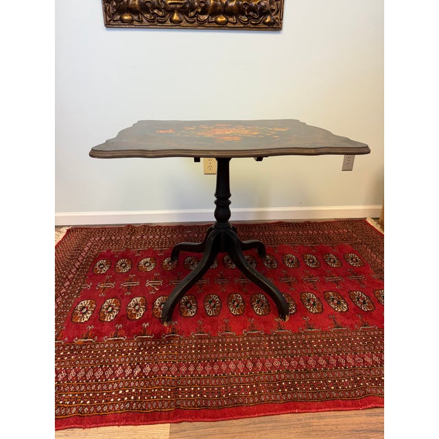Early 20th Century Vintage Hand-Painted Floral Ebonized Tilt-Top Table | Scalloped Top & Pedestal Base For Sale - Image 5 of 5