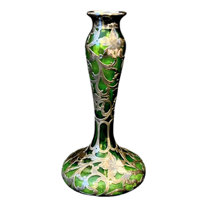 1930s Art Nouveau Antique Loetz Sterling Overlay Green Glass Vase