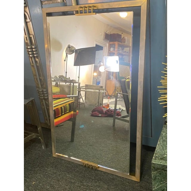 Stunning Rectangular Modernist Mirror With Chrome Frame And Brass Three Dimensional Accents Designed In The 1980's In The...