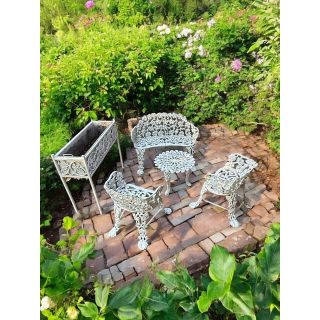 White Cast Iron Grapevine Antique Victorian Outdoor Garden Furniture Suite-Set of 5 For Sale - Image 4 of 13