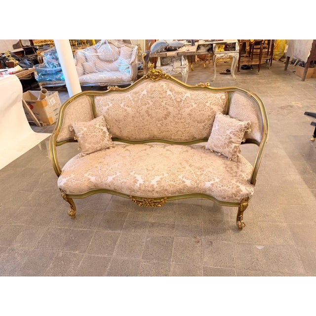 Rococo 1960s French Louis XV Rococo Canapac Loveseat Antique Green & Gold Gilt Wood Beige upholstery Settee For Sale - Image 3 of 8