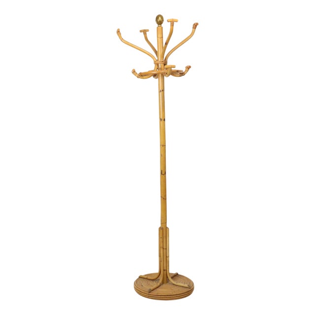 Large Standing Rattan Coat Rack in Brass, 1970s For Sale