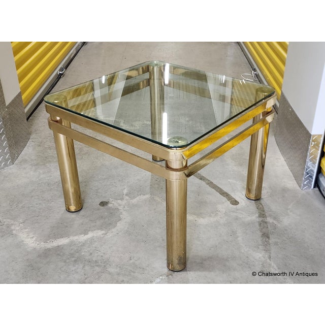 Hollywood Regency Vintage Brass Hollywood Regency Style Modern Contemporary Glass Top End Table 1 of 2 For Sale - Image 3 of 15