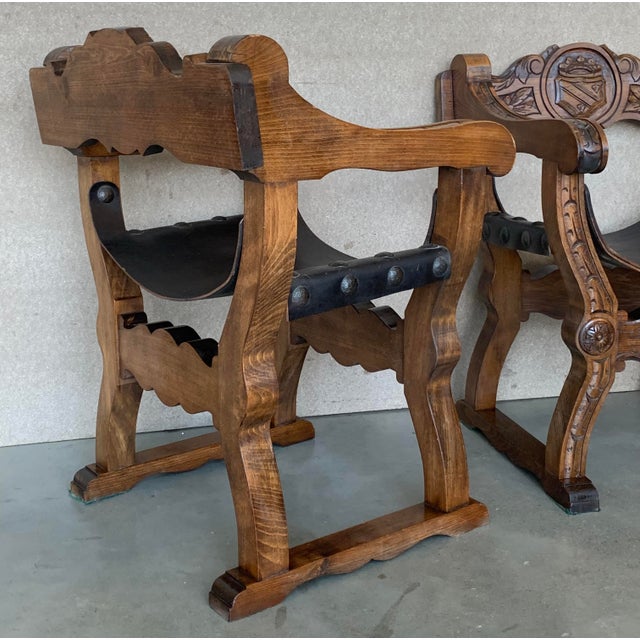 Brown 19th Pair of Carved Walnut Leather Savonarola Bench or Settee For Sale - Image 8 of 13