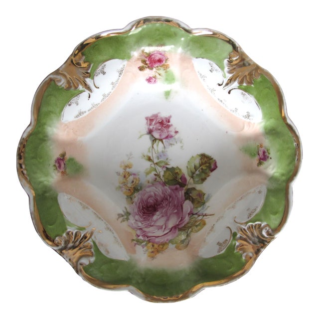 Vintage Gold Trimmed Porcelain Floral Bowl For Sale