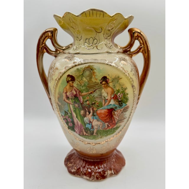 Pair of Victorian Ceramic Porcelain Urns/ Vases Figural Scene & Rose Back Transfers #848 For Sale - Image 11 of 18