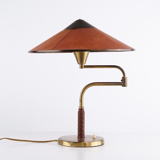 Table Lamp with Swing Arm in Patinated Brass with Amber Shade from Lyfa, 1930s For Sale - Image 6 of 7
