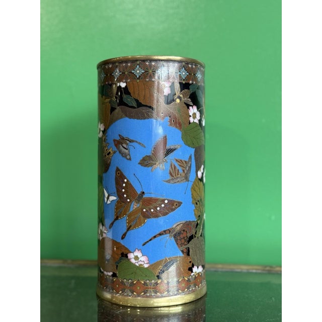 Japanese Meiji Period Japanese Cloisonne Enamel Vase With Birds Butterflies and Insects For Sale - Image 3 of 18