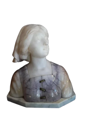 Antique Alabaster, Soapstone and Bronze Bust of Maiden on White Marble Base by Gustave van Vaerenbergh