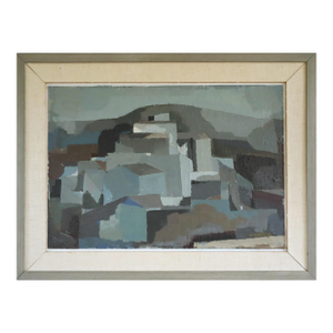 Mid-Century Modern 'Urban Blocks' Vintage Original Swedish Abstract Cityscape Oil Painting, Framed