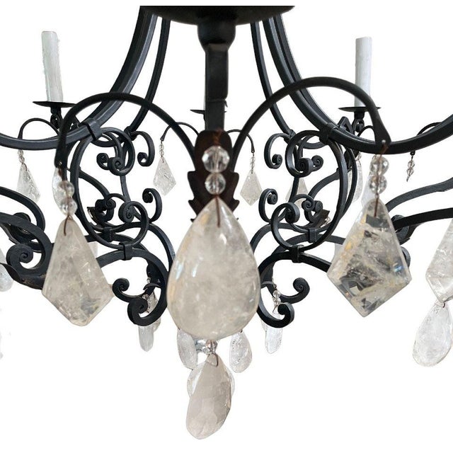 Large Wrought Iron Chandelier With Rock Crystal Drops & Prisms, Italy, 20th C. For Sale In Los Angeles - Image 6 of 6