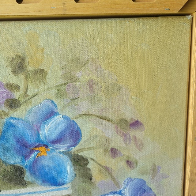 Vintage Raw Wood Lattice Framed Floral Oil Painting by L. Tunnell Ooak Cottage For Sale - Image 6 of 18