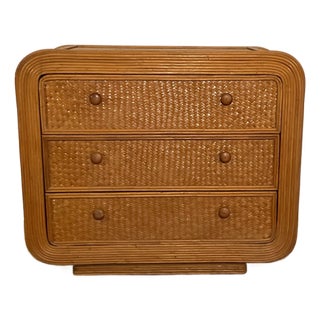 Vintage 70s Pencil Reed Rattan Waterfall Three Drawer Chest Attributed Gabriel Crespi For Sale