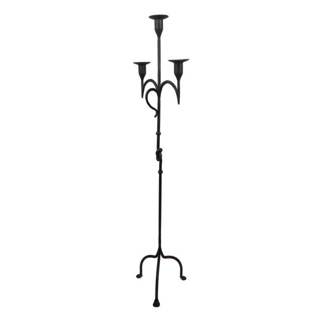 Hand Forged Iron Floor Candelabra 49″ (125cm) Antique Copper Patina 3-Arm Knot Detail Rustic Wedding Decor For Sale