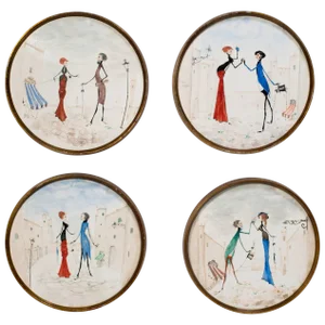 Four Italian Hand-Painted Ceramic Plaques in Brass Frames by Pallad