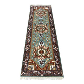 Heriz Runner 2’7” X 8’1” Blue Wool Tribal Hand-Knotted Oriental Rug For Sale