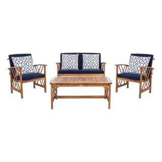 Fontana 4-Piece Outdoor Set, Natural/Navy Cushion With Blue & White Mosaic Pillows For Sale