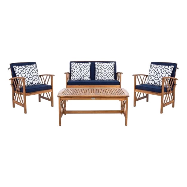 Fontana 4-Piece Outdoor Set, Natural/Navy Cushion With Blue & White Mosaic Pillows For Sale