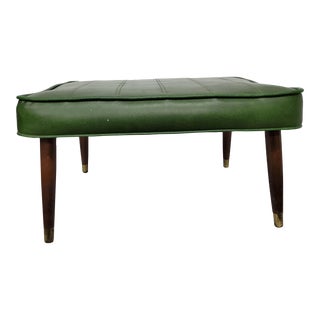 1970s Mid Century Footstool Green and Walnut Wood Mini Bench Style For Sale